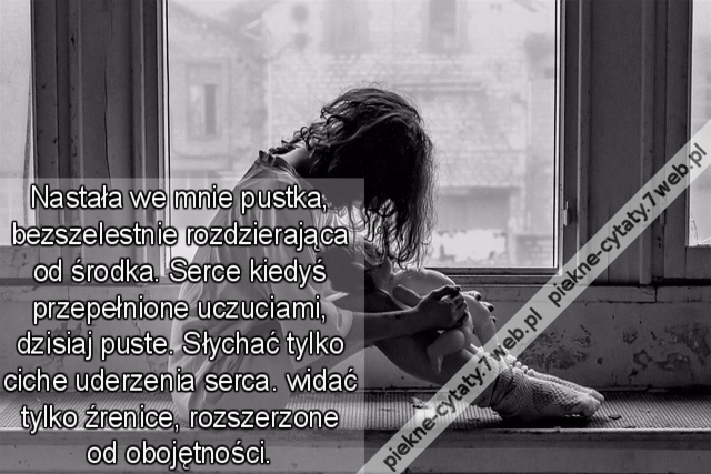 Nastała we mnie pustka, bezszelestnie rozdzierająca od środka. Serce kiedyś przepełnione uczuciami, dzisiaj puste. Słychać tylko ciche uderzenia serca. widać tylko źrenice, rozszerzone od obojętności.