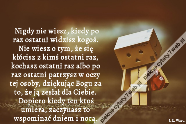 Nigdy nie wiesz, kiedy po raz ostatni widzisz kogoś. Nie wiesz o tym, że się kłócisz z kimś ostatni raz, kochasz ostatni raz albo po raz ostatni patrzysz w oczy tej osoby, dziękując Bogu za to, że ją zesłał dla Ciebie. Dopiero kiedy ten ktoś umiera, zacz