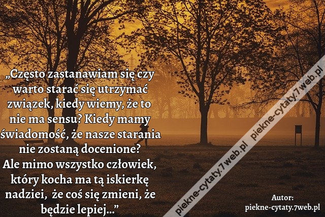 „Często zastanawiam się czy warto starać się utrzymać związek, kiedy wiemy, że to nie ma sensu? Kiedy mamy świadomość, że nasze starania nie zostaną docenione? Ale mimo wszystko człowiek, który kocha ma tą iskierkę nadziei,  że coś się zmieni, że będzie l