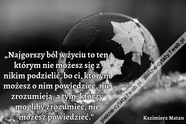 „Najgorszy ból w życiu to ten, którym nie możesz się z nikim podzielić, bo ci, którym możesz o nim powiedzieć, nie zrozumieją, a tym, którzy mogliby zrozumieć, nie możesz powiedzieć.” i