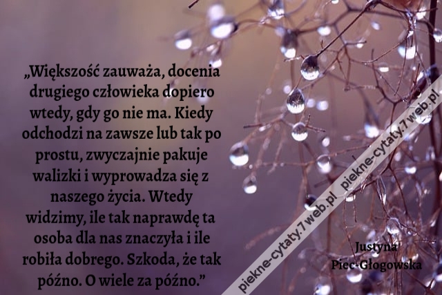 „Większość zauważa, docenia drugiego człowieka dopiero wtedy, gdy go nie ma. Kiedy odchodzi na zawsze lub tak po prostu, zwyczajnie pakuje walizki i wyprowadza się z naszego życia. Wtedy widzimy, ile tak naprawdę ta osoba dla nas znaczyła i ile robiła dob