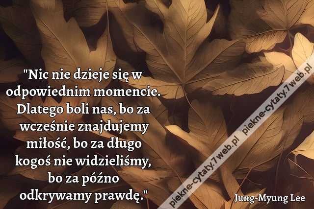 "Nic nie dzieje się w odpowiednim momencie. Dlatego boli nas, bo za wcześnie znajdujemy miłość, bo za długo kogoś nie widzieliśmy, bo za późno odkrywamy prawdę."