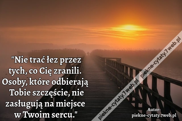 "Nie trać łez przez tych, co Cię zranili. Osoby, które odbierają Tobie szczęście, nie zasługują na miejsce w Twoim sercu."